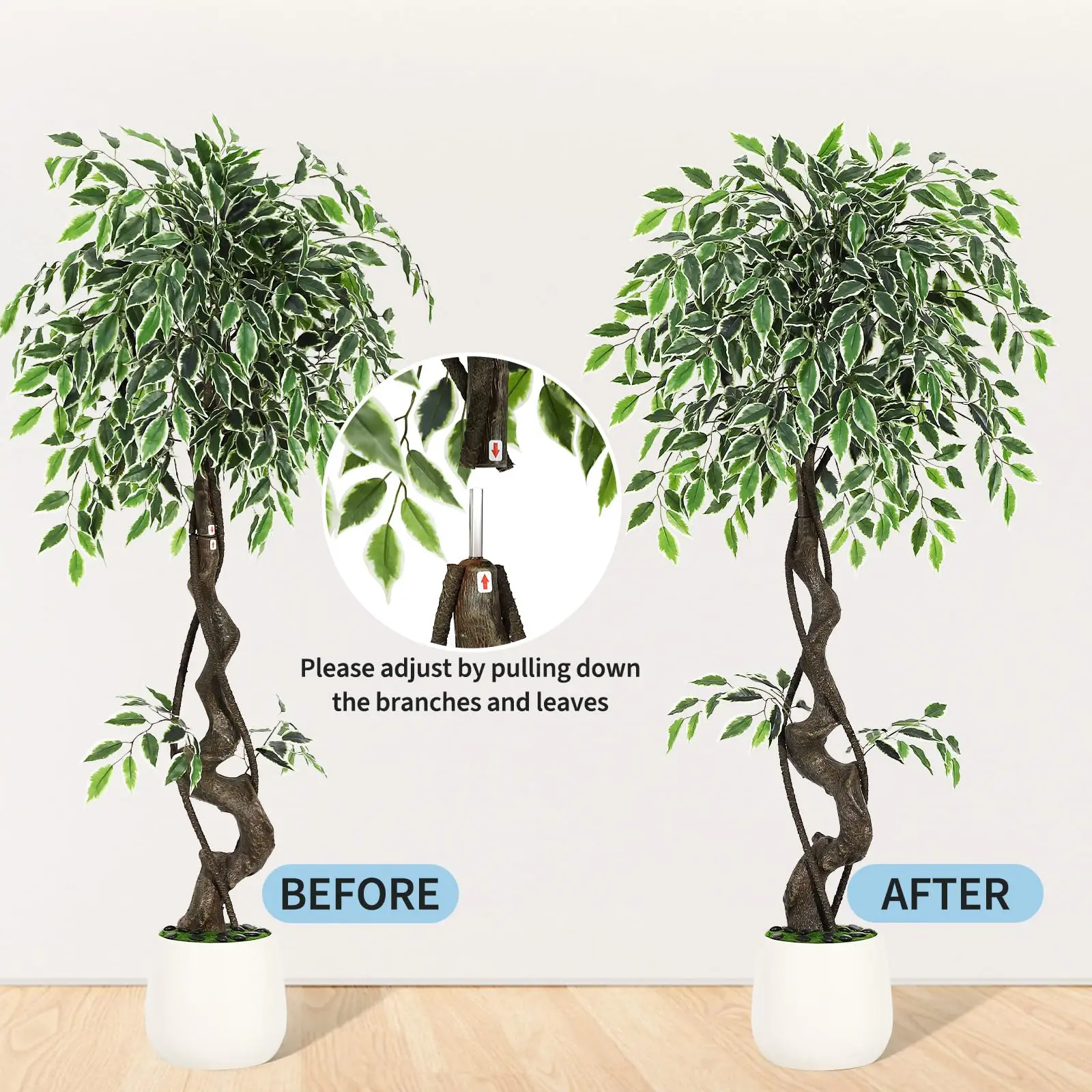 Arbre artificiel ficus, tronc courbé, plantes artificielles de 120 cm de grandeur avec pot blanc, arbre artificiel pour décoration intérieure salon chambre bureau jardin maison