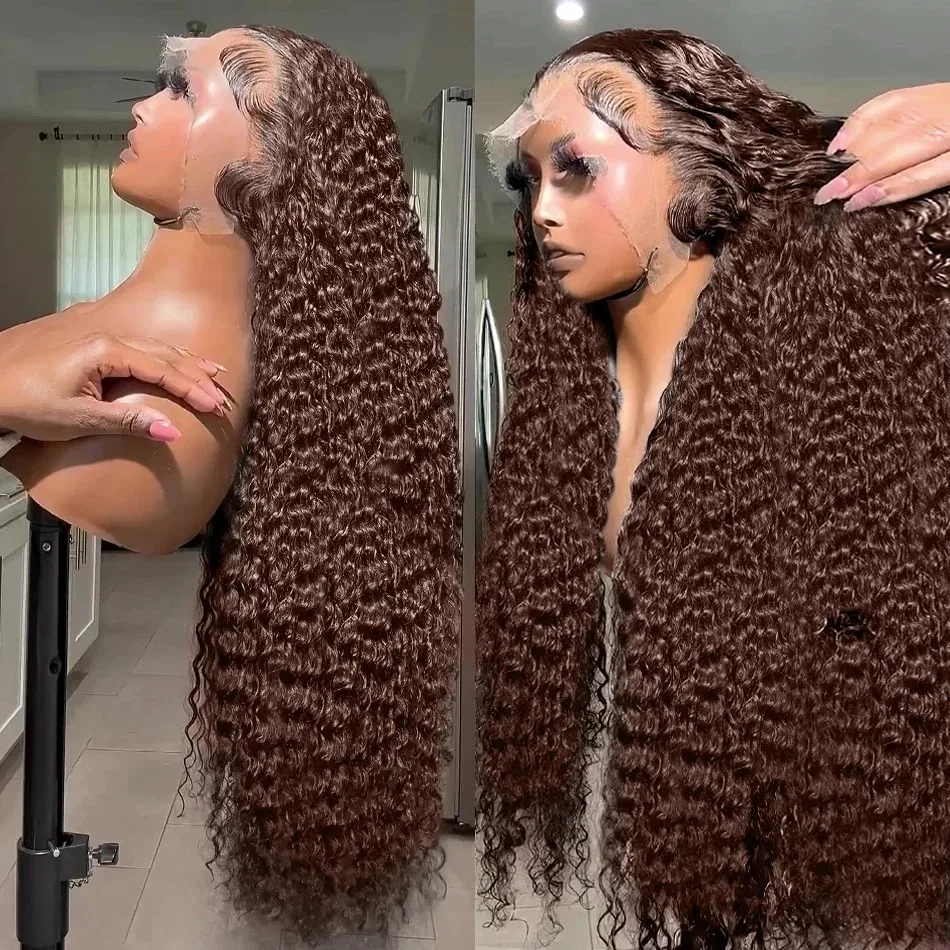 HD 13x4 13x6 Lace Frontal Wigs Human Hair Chocolate Brown Curly Wigs PrePlucked For Women Kinky Wave Wigs 30 Inch 220 Density