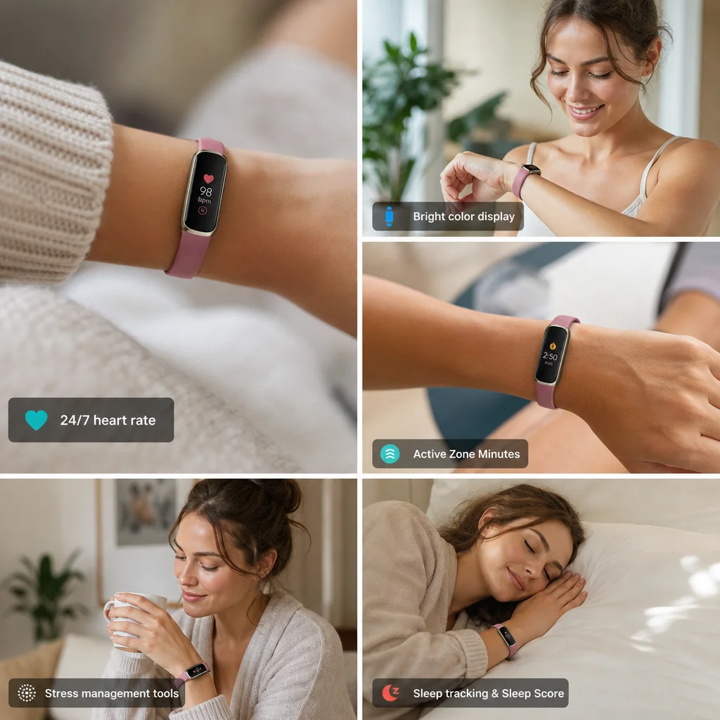 Fitbit Luxe Fitness Tracker AMOLED Screen 24/7 Heart Rate Monitor Sleep SpO2 Stress Tracker Waterproof Smart Bracelet