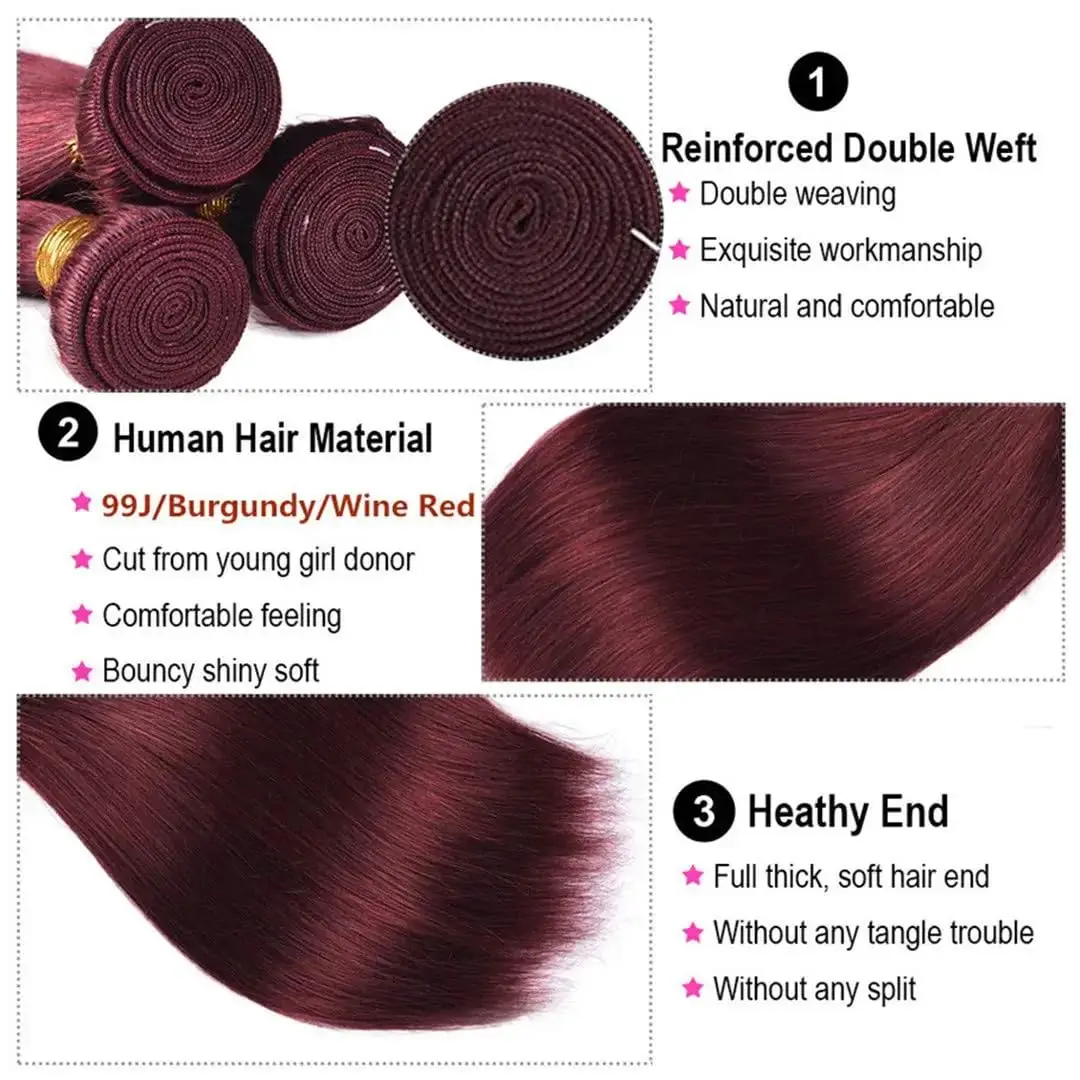 99J Bundel Rambut Manusia Burgundy Lurus Bundel Rambut Manusia Warna Merah Rambut Brasil 1/3 Bundel Ekstensi Rambut Virgin Remy 100G