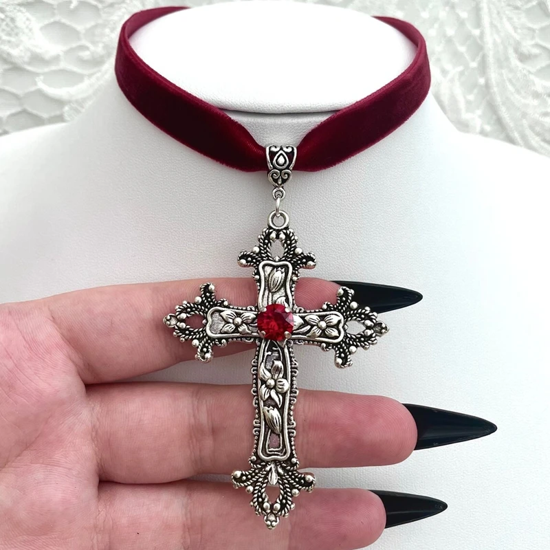 Goth Aesthetic Cross Red  Velvet Choker Cross Pendant Necklace For Women Cute Chains grunge Choker collar indie collier Jewelry