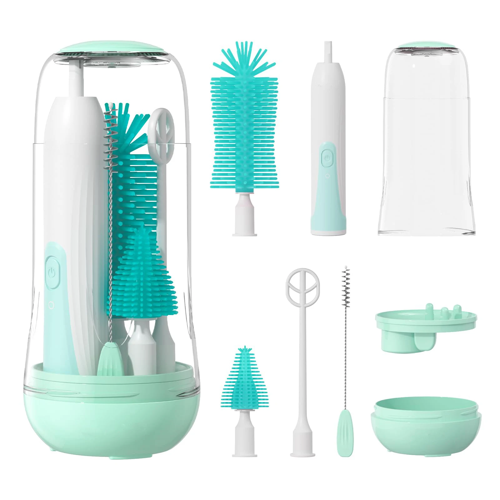 Electric Travel Baby Bottle Brush Set,Bottle Brush Cleaner,Nipple and Straw Brush,Stirring Disperser,Drainage Rack,Storage Box