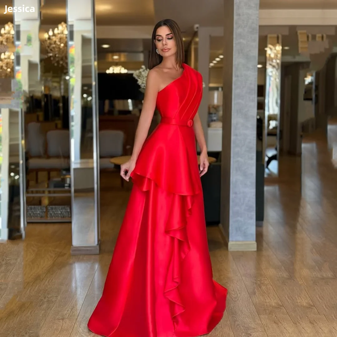 

Джессика Красные вечерние платья Грейс Морщинистые плечи Пром платья Атласные многослойные женские платья с рюшами Vestidos De Fiesta по индивидуальному заказу