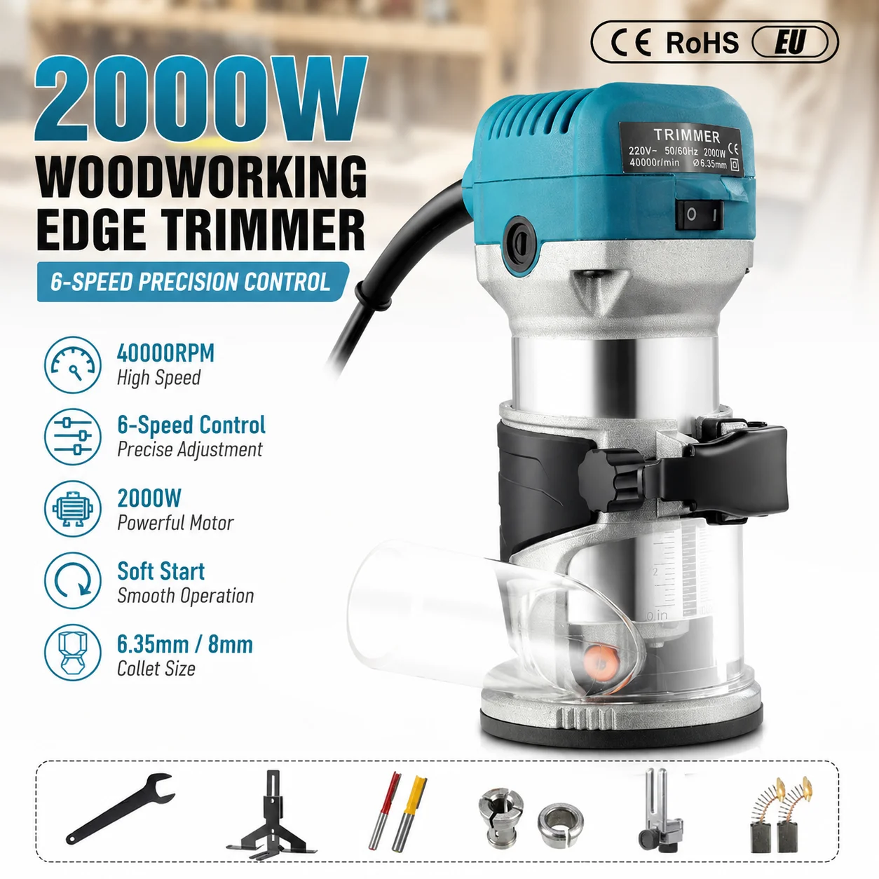 Machine à fraiser le bois électrique 2000W, machine à fraiser les bords manuelle à 6 vitesses, machine à fraiser le bois à démarrage progressif, 40000 tr/min, poignée 6,35 mm/8 mm, outil de travail du bois pour la rénovation de la maison.