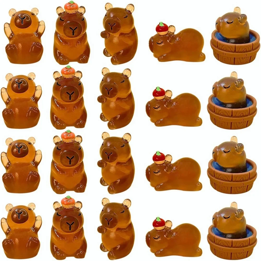 Mini Figurines d'animaux en résine capybara lumineux, 5 pièces, décor artisanal d'extérieur de table de bureau pour accessoires de jardin miniatures