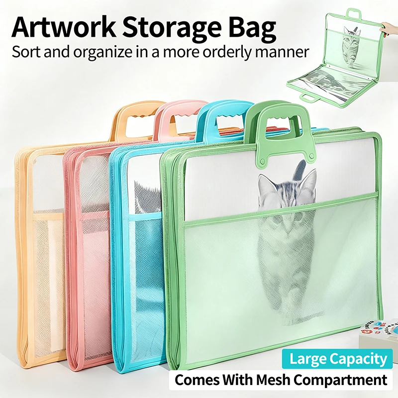 HUAJIE A3 Document Bag PP File Folder Large Capacity Transparent Brochure Storage Bag with Handle for Office School Supplies