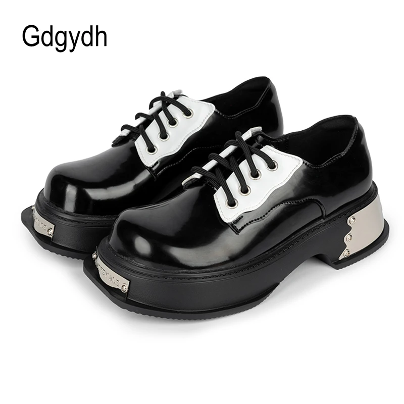 Gdgydh Womens Oxford Platform Shoes Chunky Heels Metal Lace Up British Style Goth Shoes Rubber Sole Lady Derby Shoes Black