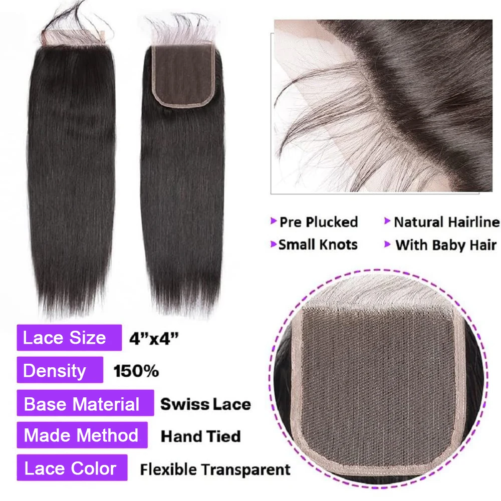 34 36 inch Straight Human Hair Bundles with Closure 4x4 Raw Brazilian Hair Extensions Weave 3 4 Bundles with Transparent Closure