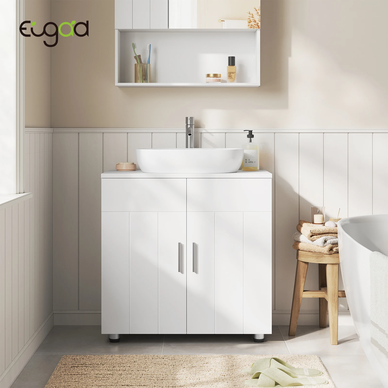 EUGAD Weißer Badezimmerschrank unter dem Waschbecken, 60 x 60 x 30 cm, Aufbewahrungsschrank mit 2 Türen, Regalen, Waschtischunterschrank mit verstellbarem Trenner