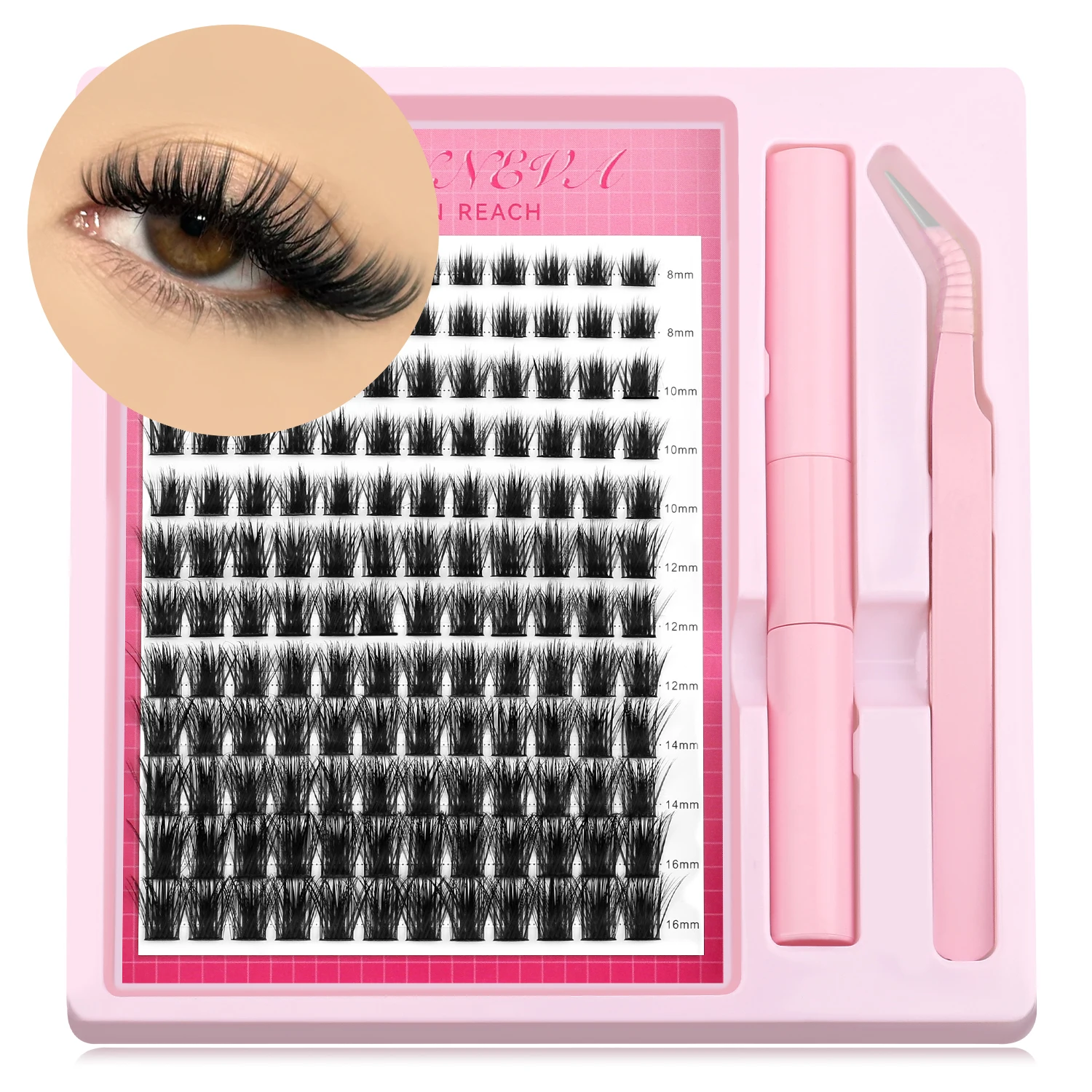 GROINNEYA DIY Wimpern-Cluster-Set, individuelles Wimpern-Set, flauschige 3D-Wimpernverlängerung aus künstlichem Nerz mit Wimpernbindung und Siegel-Make-up