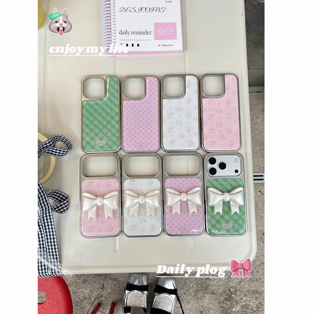 

Simple pastoral polka dot floral three-dimensional bow phone case, suitable for iPhone 14/15/16/17 Pro Max, protective case