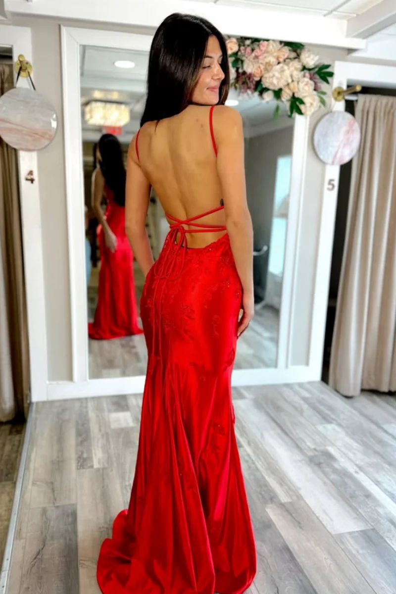 Jessica Sweet Red Spaghetti Straps Evening Dresses Slim-fit Simulated Silk Satin Prom Dresses Sexy Backless Dress Party Dresses view 2