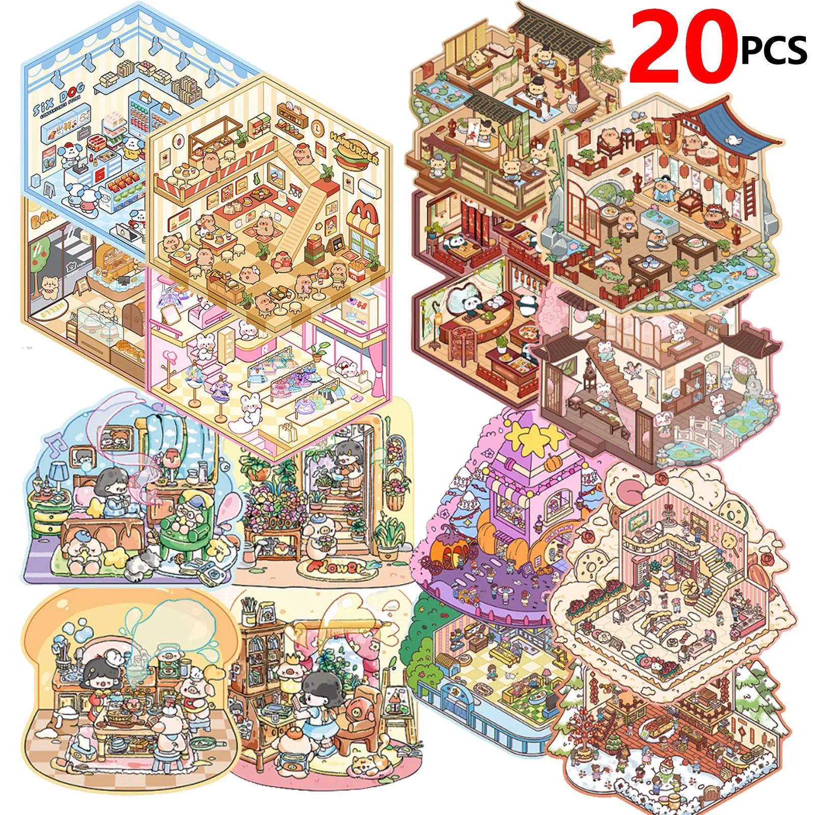 

20 PCS 3D mini book scene stickers, self adhesive DIY craft decals, cartoon themed scene stickers, amusement park