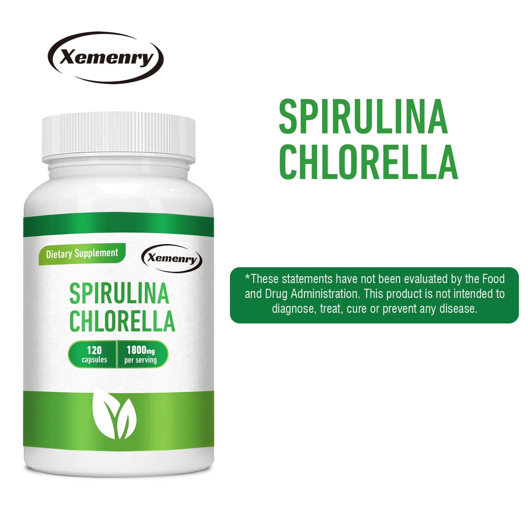 Spirulina Chlorella-desintoxicación, energía, digestión y potente antioxidante, Control de azúcar en sangre Natural-120 cápsulas