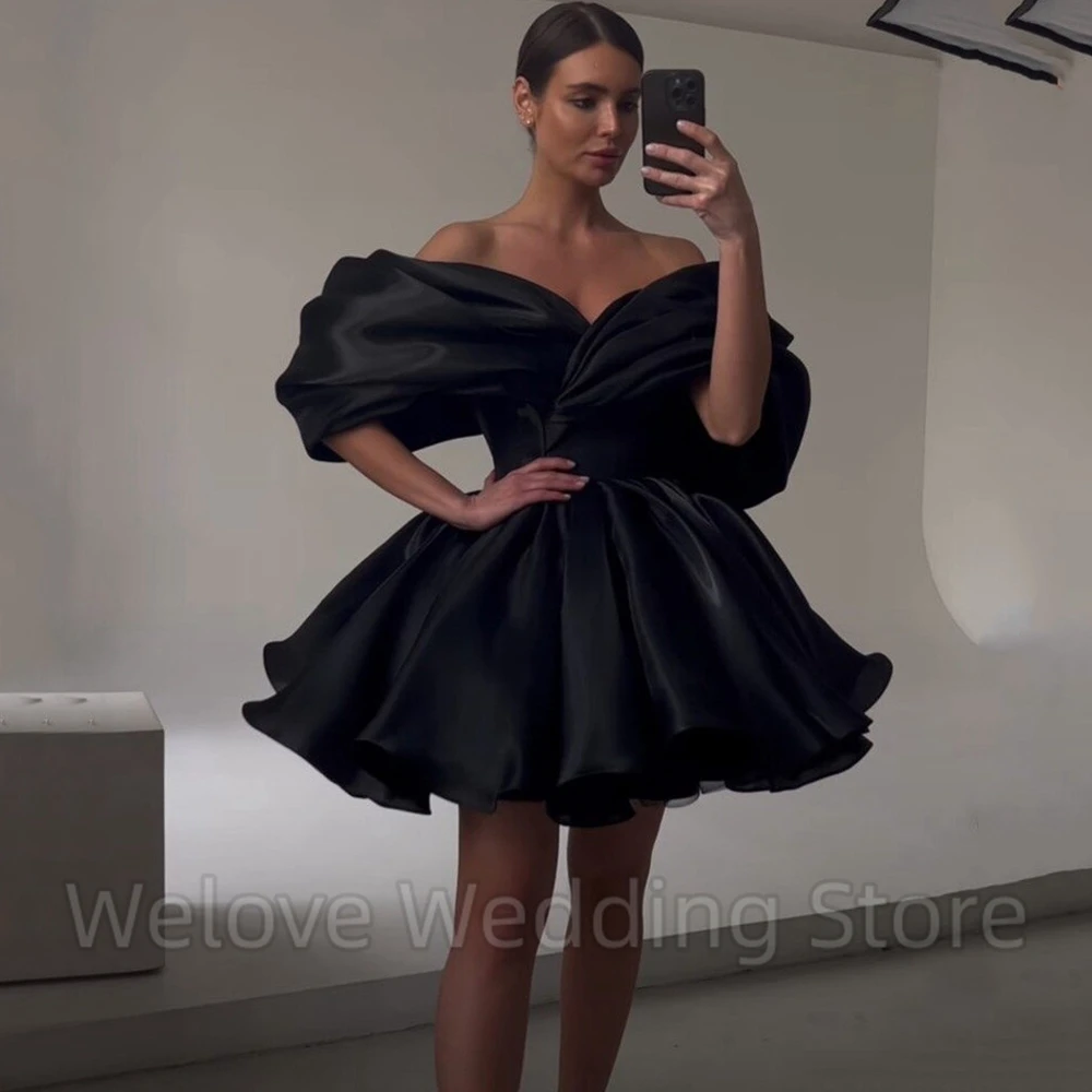 Mini vestido de noche negro plisado sin hombros para mujer, manga corta, línea A, Puff, corto, hecho a medida, vestidos con cuello en V para mujer