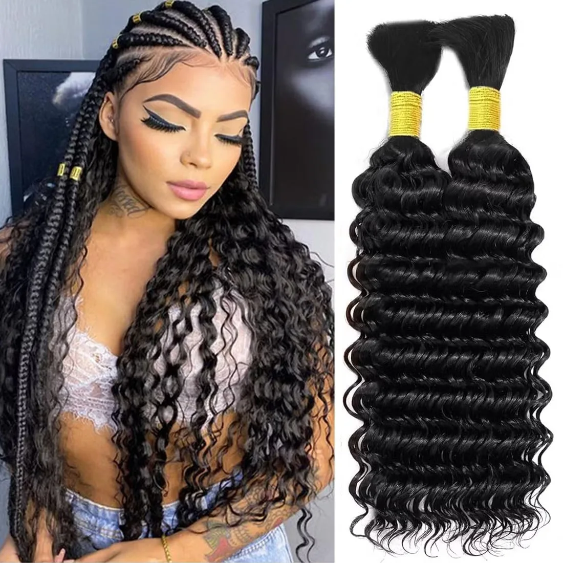 

Human Braiding Hair Natural Black Deep Wave Human Hair For Braiding No Weft 100% Human Hair 1/2/3 Bulk Human Hair For Boho Braid
