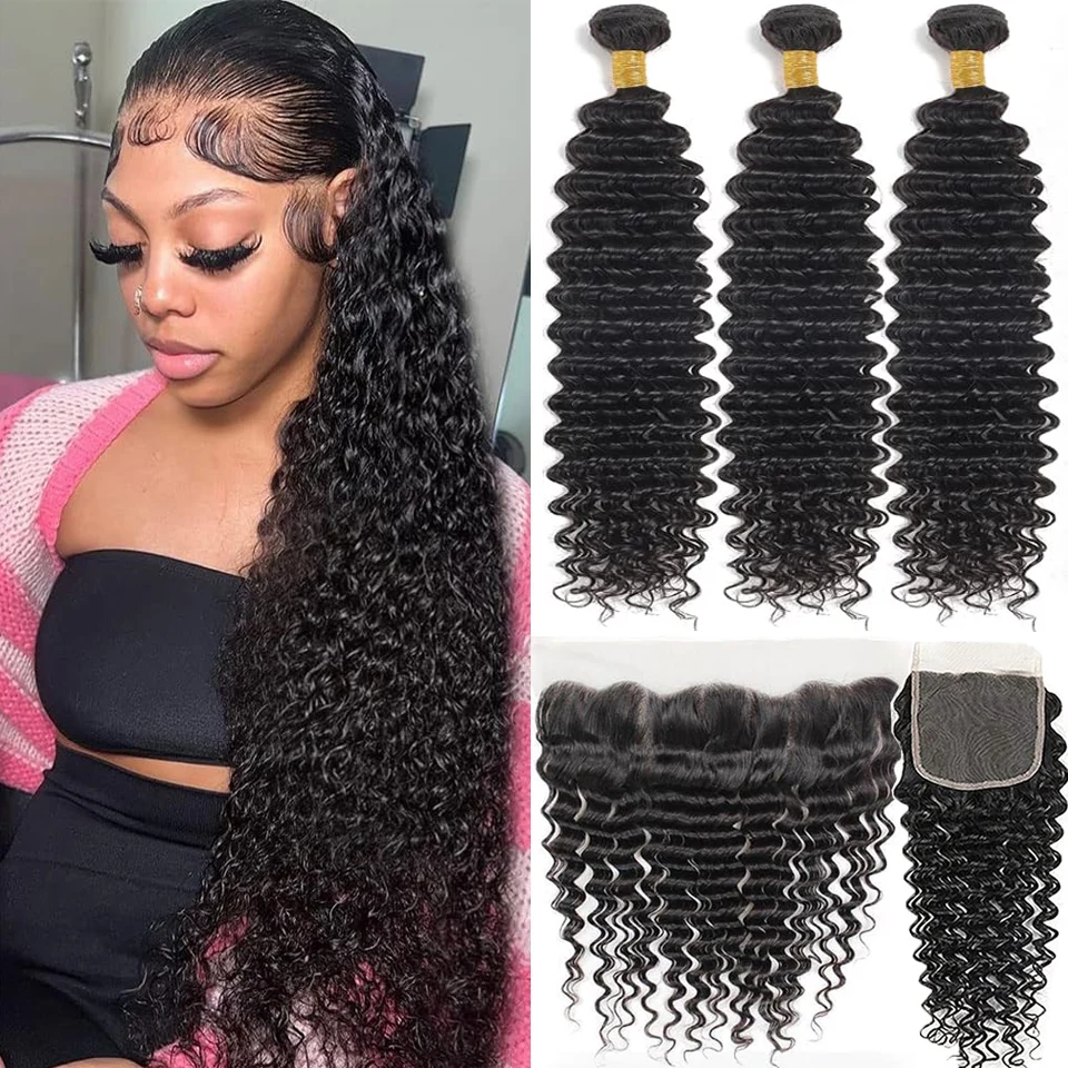 100% Brazilian Raw Human Hair Bundles With 4x4 Closure Deep Wave Human Hair Extensions 3 Bundles With 13x4 Frontal for Women