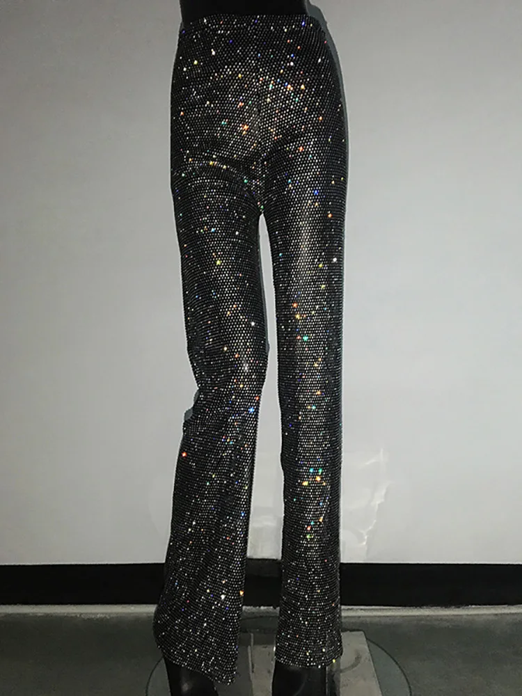 Pantaloni da donna con strass glitterati di lusso da festival y2k Pantaloni lucidi da sera per feste da discoteca con diamanti a rete trasparenti sexy