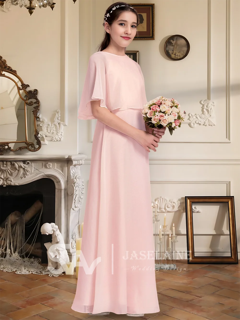 B Aライン スクープ フロアレングス シフォン ケープ ジュニアブライドメイドドレス フラワーガールドレス ガールズ ウェディングパーティー フォーマル 特別な機会