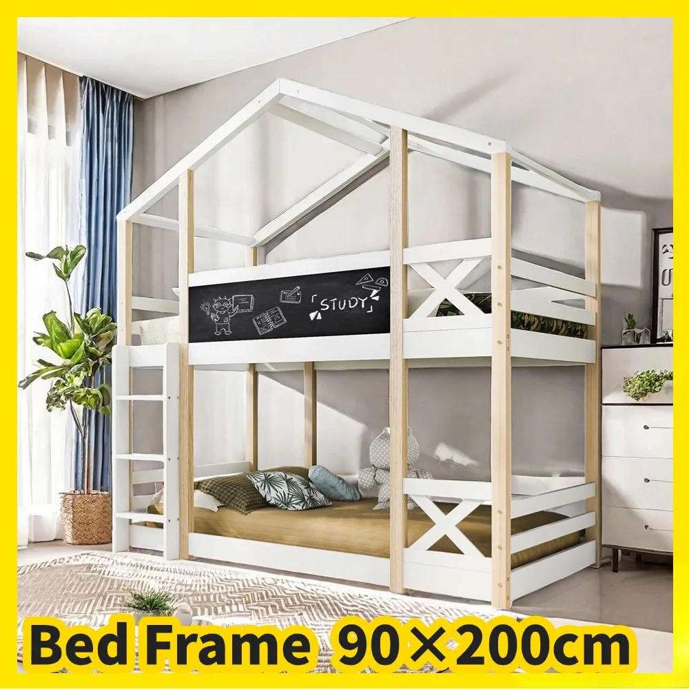 White children's bed,90x200 cm double layered loft bed with a blackboard safety railing with solid pine roof design