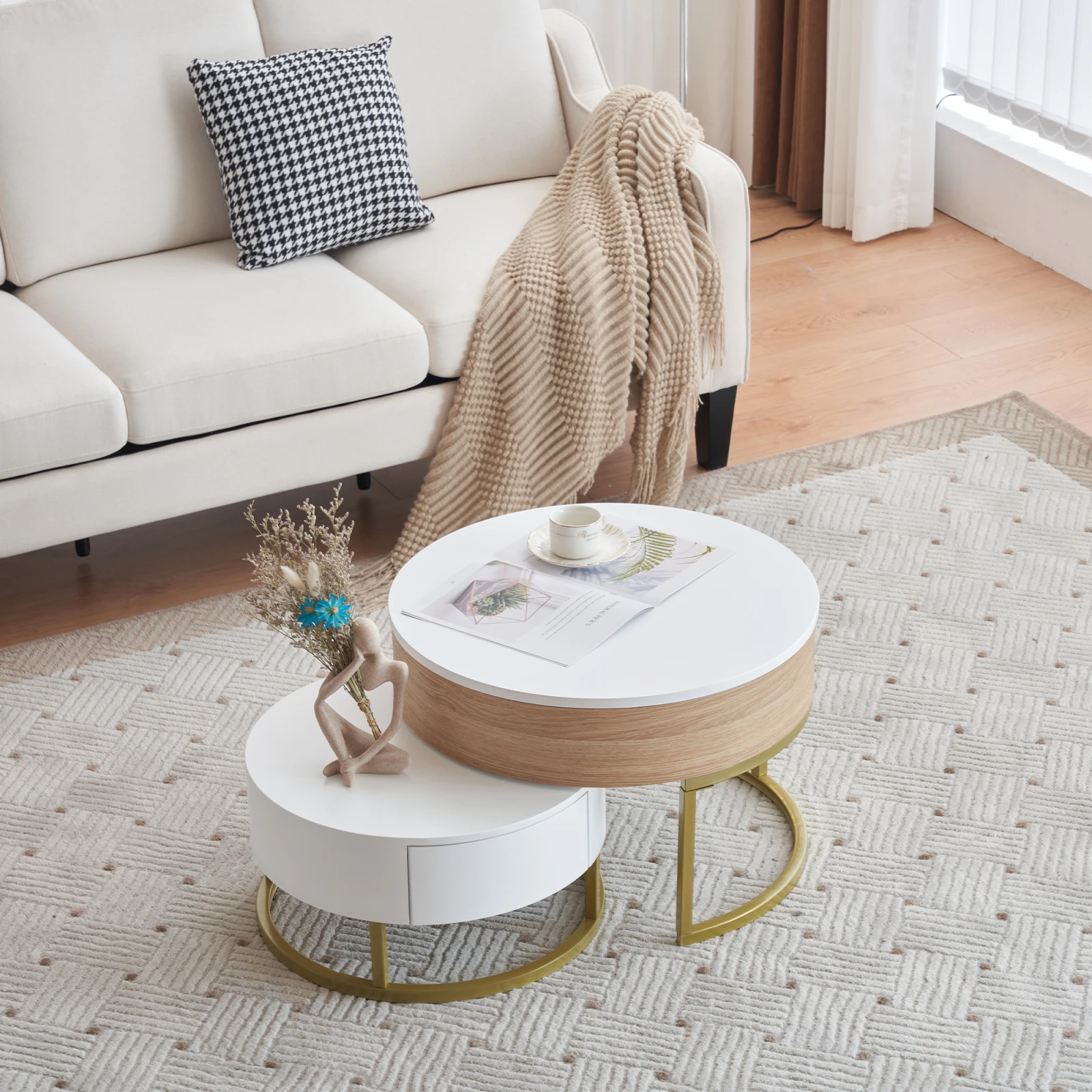 طقم طاولة قهوة مستديرة قابلة للطي من كومانلاي مكونة من 2، طاولة جانبية قابلة لضبط الارتفاع، مع سطح رفع ودرج، ومساحة تخزين مخفية