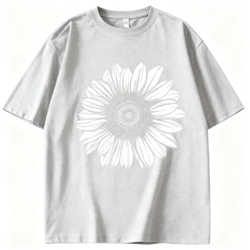 เสื้อยืดโอเวอร์ไซส์ลายดอกไม้สีดำขาว แขนสั้น ผ้าฝ้าย 100% สำหรับผู้หญิง เสื้อคอตตอนแขนสั้นสำหรับฤดูหนาว