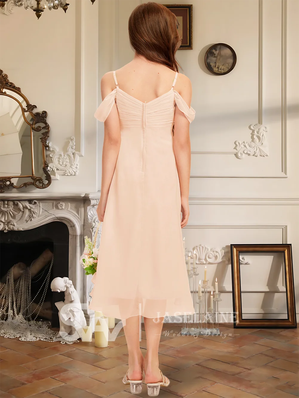 Асимметричное шифоновое платье трапециевидной формы с открытыми плечами для юных подружек невесты без рукавов с молнией сзади, платье с цветочным узором для девочек, торжественное свадебное платье