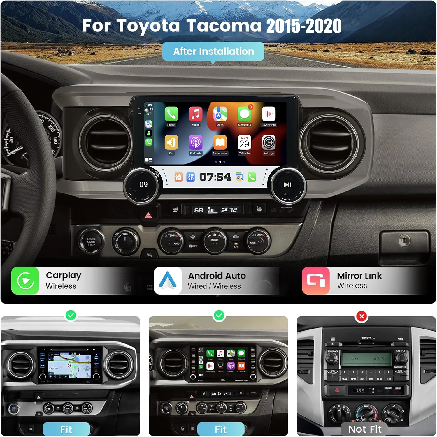 10.1'' Dual Knobs Android 13 Car Radio Stereo for Toyota Tacoma 2016 2017 2018 2019 2020 2021 2022 with CarPlay Android Auto BT