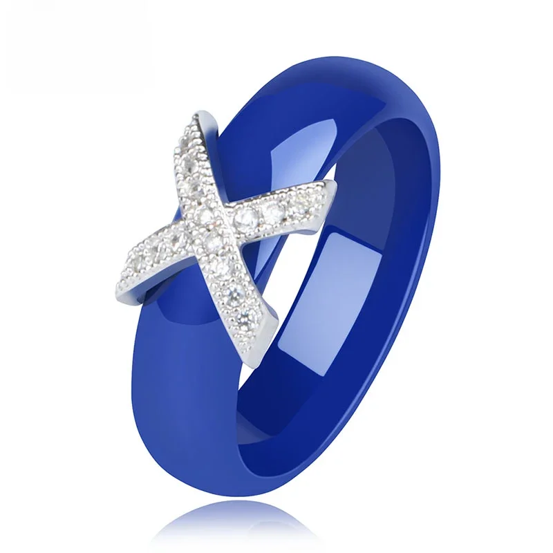 Hot X Cross Rings Blue Pink Ceramic Healthy Jewelry for Women 6mm Smooth Ceramic Rings Female Gift Biżuteria ślubna Gold Silver — zdjęcie 2