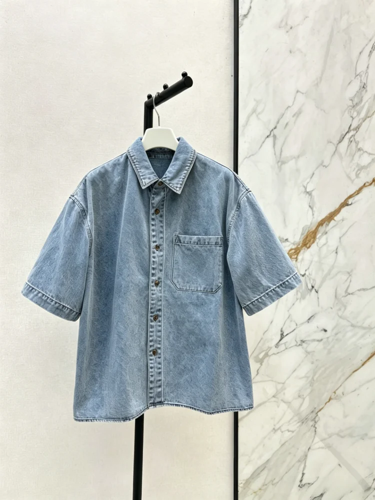 

Summer Women's Denim Short Sleeved Button Lapel Embroidered Printed Pocket Loose Cotton Top