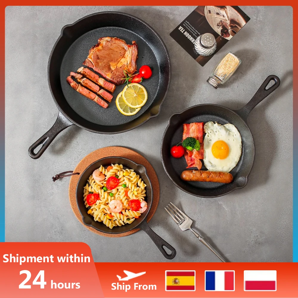 4 قطعة مقلاة غير لاصقة مقلاة حديدية غير مطلية شريحة لحم وعاء الطبخ فطيرة عموم اليدوية الحديد الزهر موقد غاز التعريفي تجهيزات المطابخ المطبخ #1