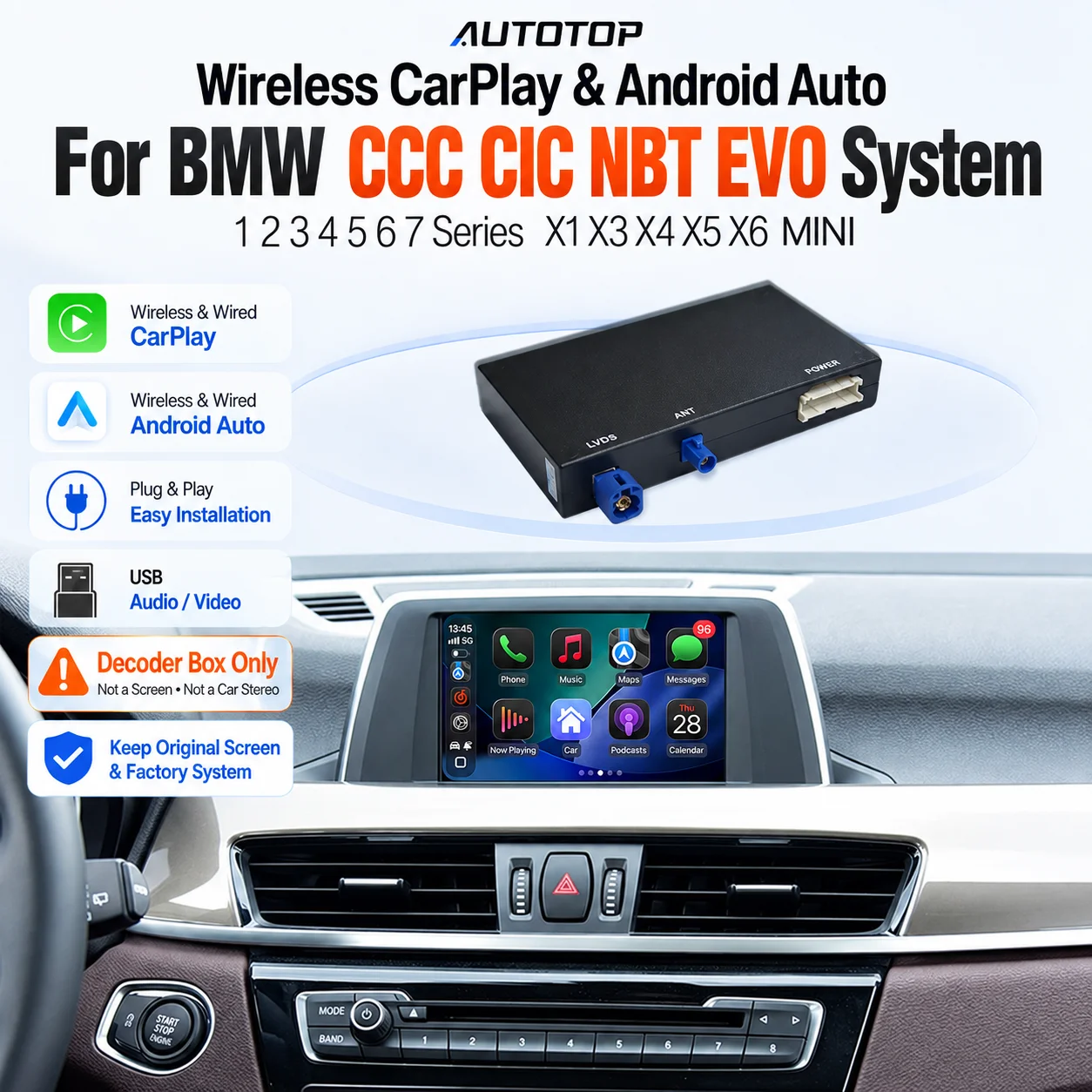 Kit adaptateur intelligent de rétrofit pour CarPlay et Android Auto sans fil pour BMW Série 1 2 3 4 5 X1 X3 X4 X5 F20 F30 F10 F25, Mise en miroir d'écran de téléphone via AirPlay, Bluetooth mains libres, Navigation en