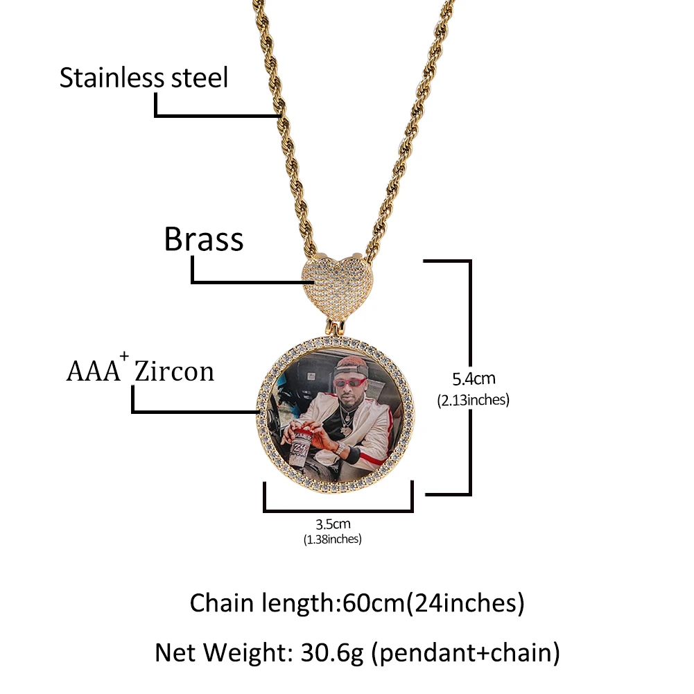 UWIN DIY Medallion Photo Pendant Necklace with Heart Bezel 3 cm diameter Picture Charms Iced Out CZ Fashion Jewelry for Gift