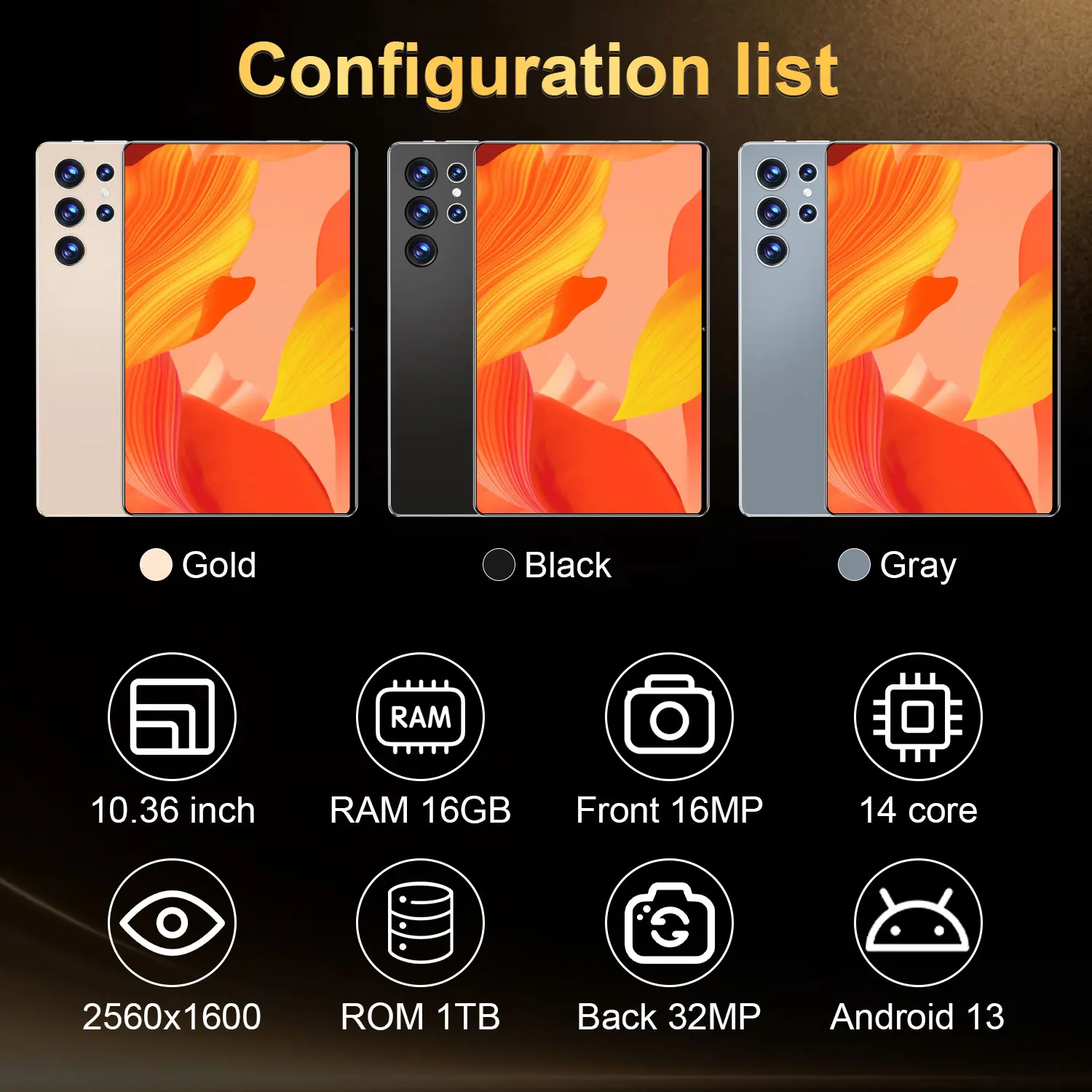 Imagen 8: Elegante tableta Android 13 de 10.36 pulgadas, potente procesador de 14 núcleos, almacenamiento de 16GB+1TB, batería enorme de 20000mAh, conexión WiFi 5G con doble SIM, cámara dual de 16MP+32MP para juegos y clases en línea.