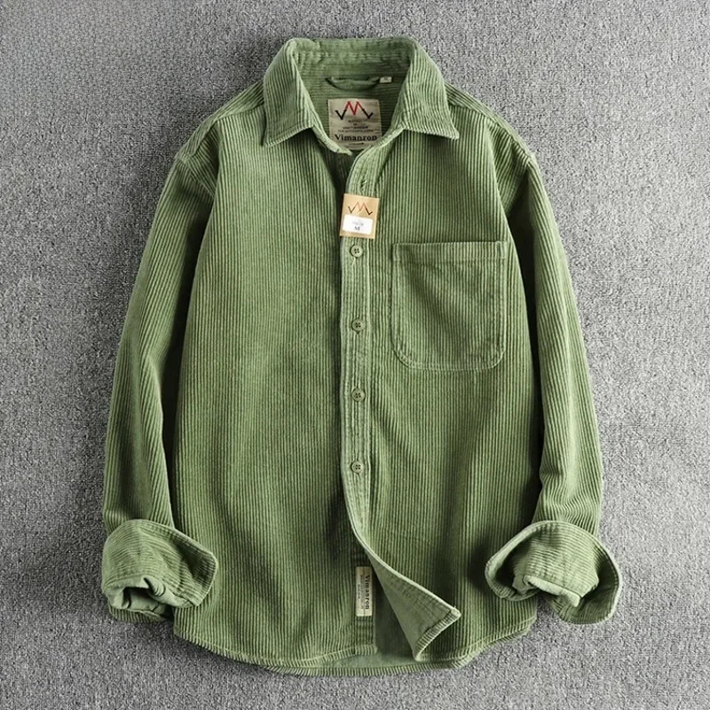 Einfarbiges Cord-Vintage-Hemd für Herren, Frühlingsmode, einfache Basic-Langarmbluse, amerikanischer Stil, gute Qualität, dichte Mäntel