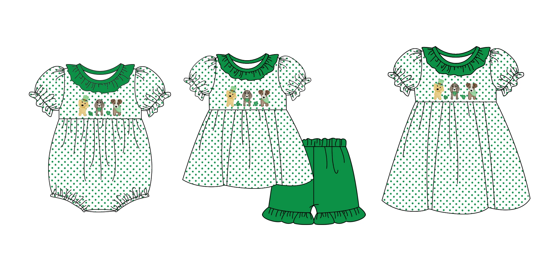 

St. Parker collection of green polka dot girls clothes four-leaf clover dog printing baby onesie boutique wholesale