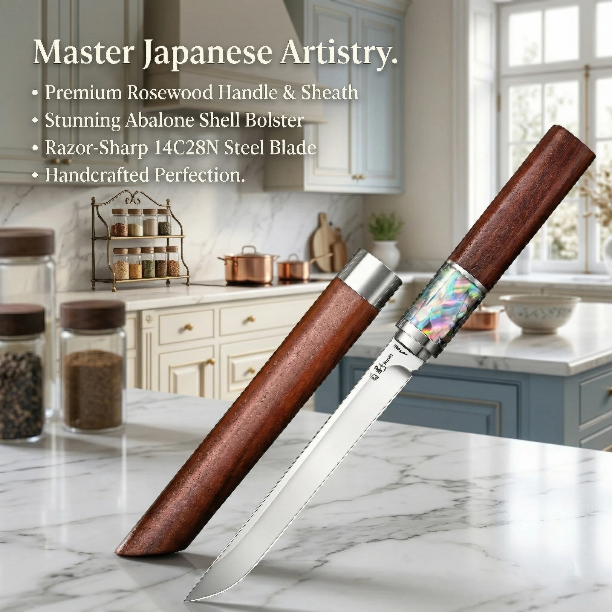 Premium Portable Small Straight Kitchen Knife, Shell-Handled Handkerchief Meat Knife Stainless Steel for Daily Kitchen Use
