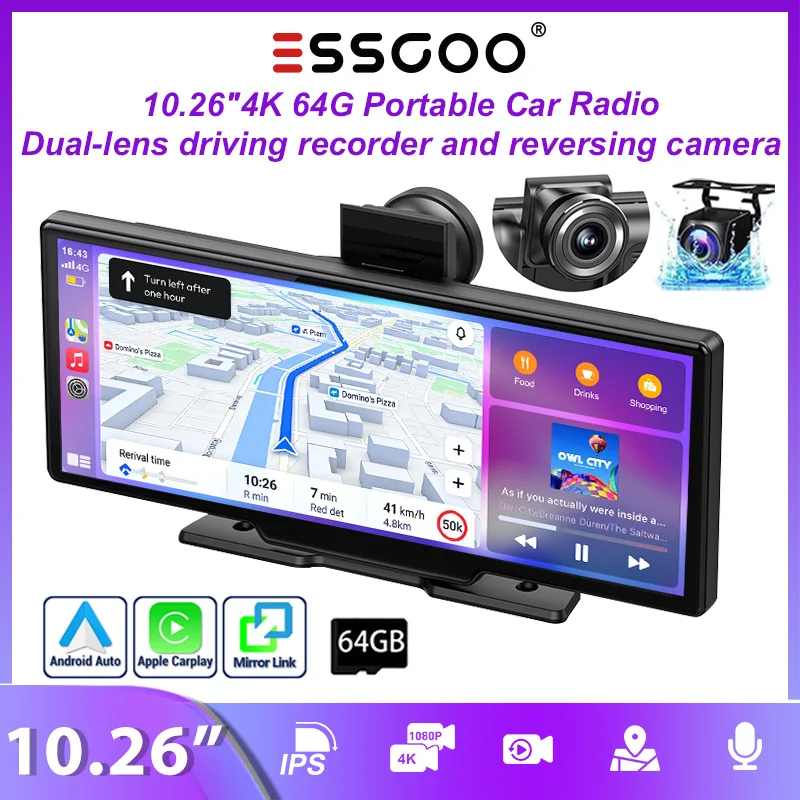 Estéreo de Coche Portátil ESSGOO 10.26" 4K 64 GB TF Pantalla Táctil CarPlay Bluetooth Android Auto Tarjeta Doble Lente Cámara de Tablero Cámara de Marcha Atrás WiFi AUX FM Control de Volante Mirror Link