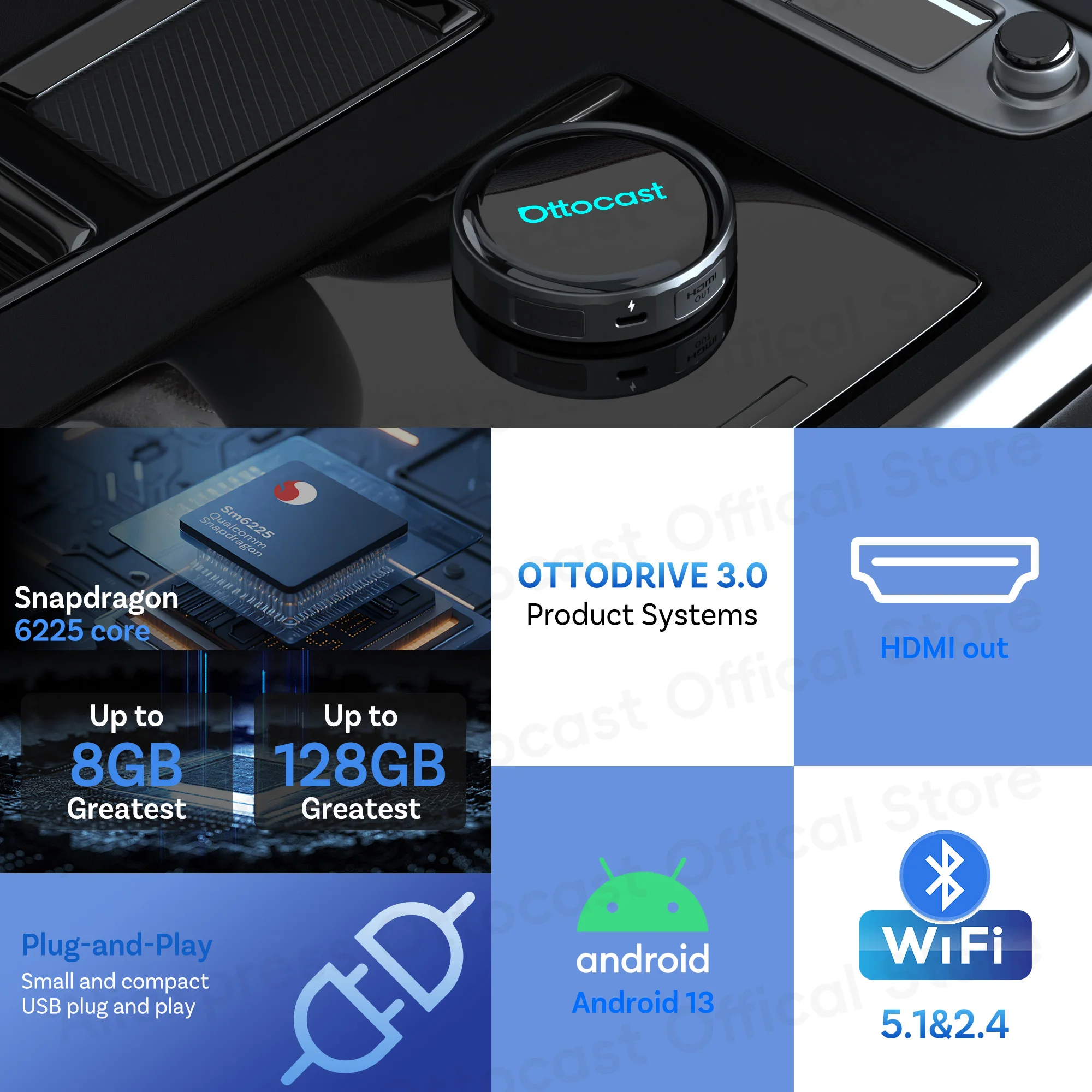 OTTOCAST P3 PRO AI Box Smart SM6225 Android Box Wireless CarPlay Android Auto AI Voice Aksesoris Mobil untuk VW Toyota Benz