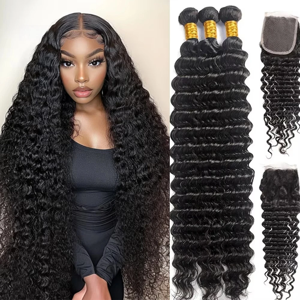 

Loose Deep Wave Human Hair Bundles With Closure 4x4 Lace Closure Human Hair Weave Tissage 3 Bundles Hair Extensions And Closure