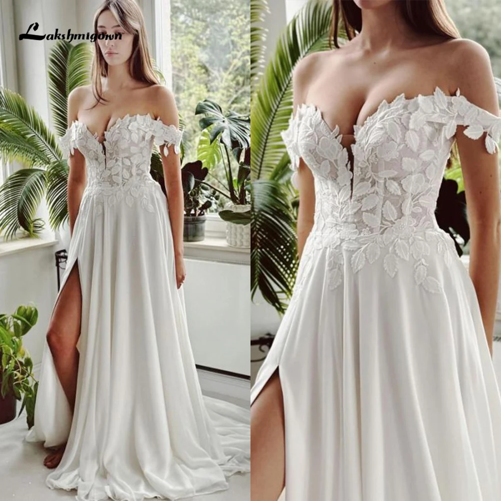 Boho Sexy Split Sweetheart Collar Off The Shoulder Lace Top Chiffon A Line Wedding Dress For Women Bridal Gowns Sweep vestidos