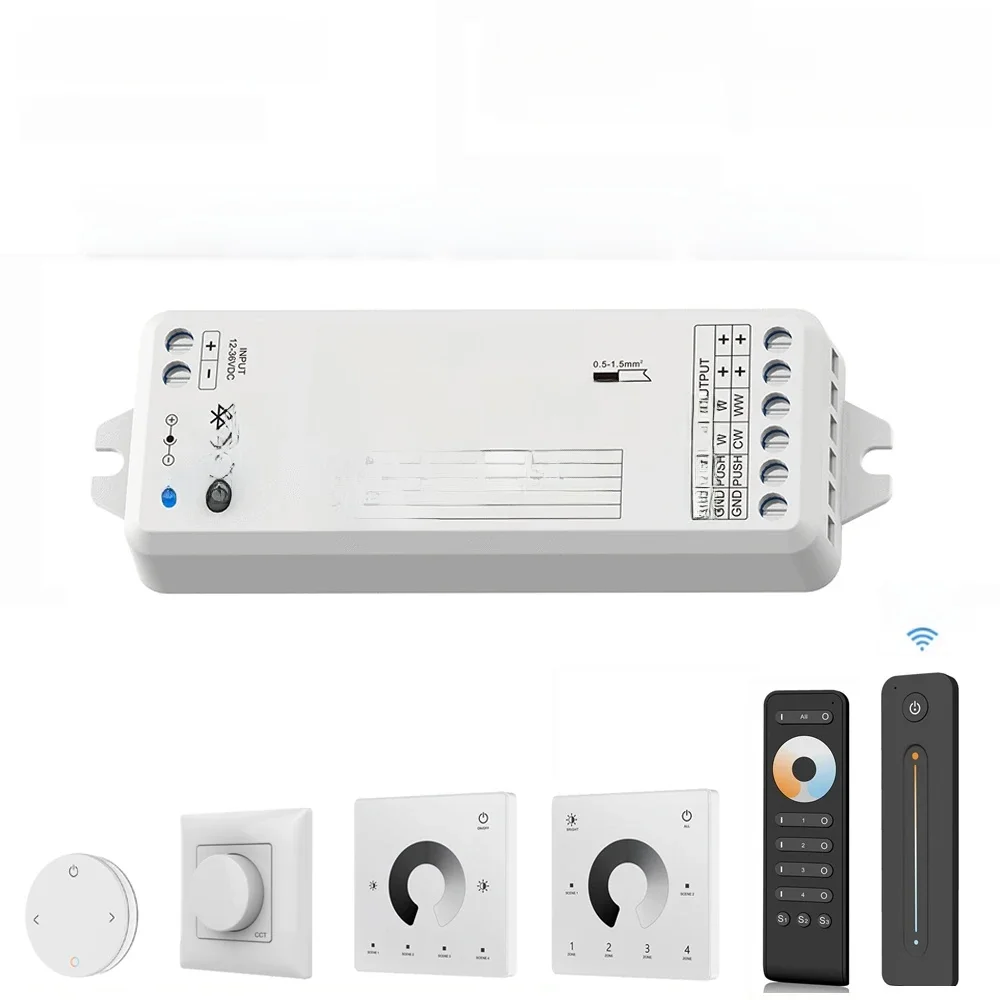 CENFAYA Bluetooth & RF 2-kanałowy kontroler LED DC12V 24V Inteligentny ściemniacz kompatybilny z pilotem RF 2.4G do taśm LED WW CW NW CCT — 2