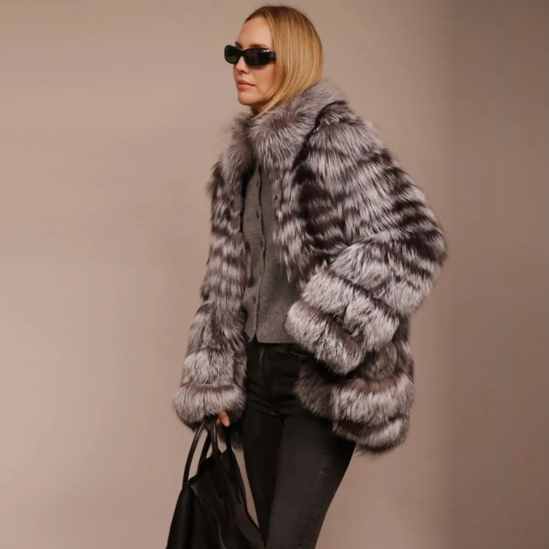 Mid-length Real Silver Fox Fur Coat Stand Collar High Quality Genuine Leather Natural Silver Fox Fur Jacket Luxury Woman Outfit