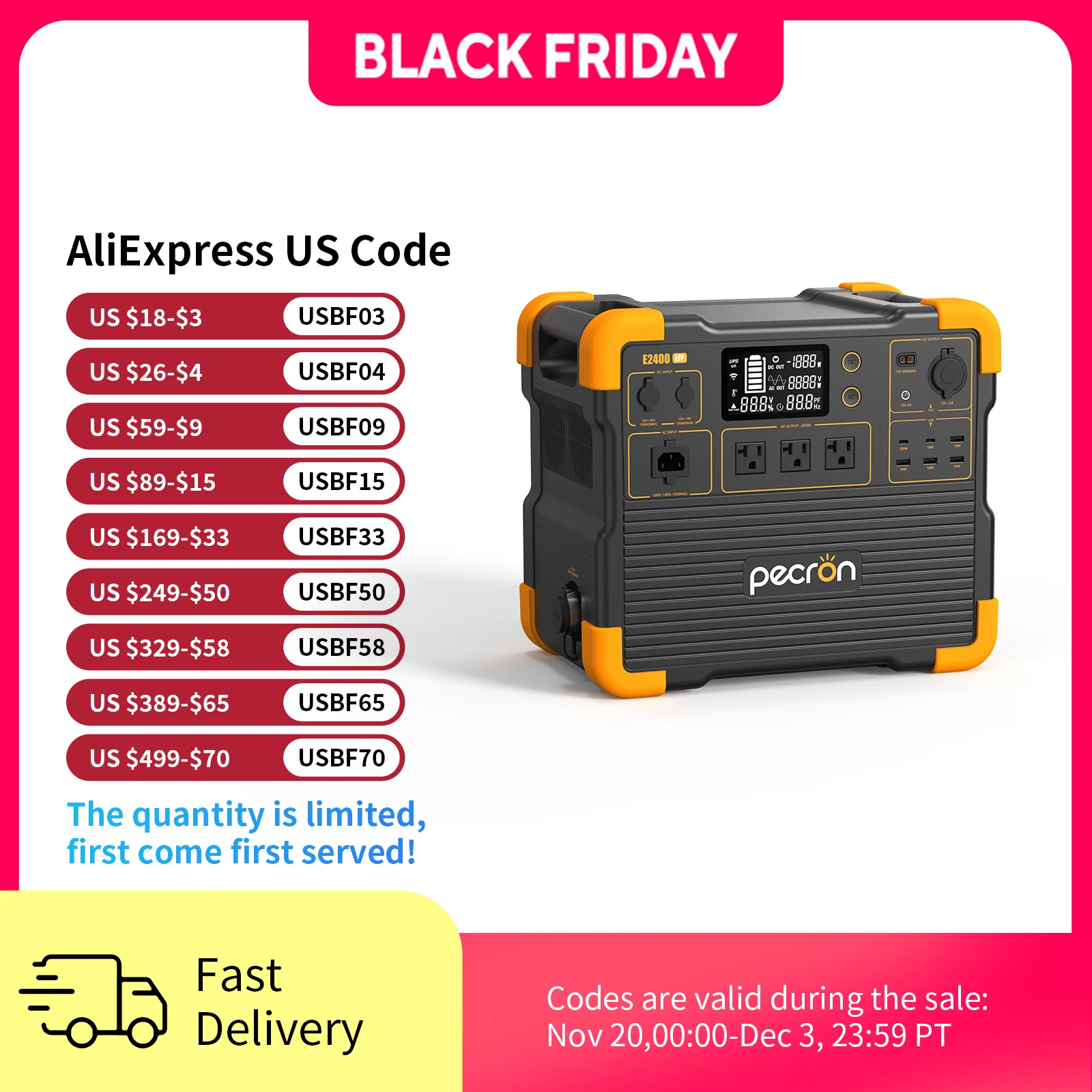 pecron E2400LFP Estación de energía portátil 2048Wh LiFePO4 Batería de respaldo 2400W Generador solar ampliable a 8192Wh Carga rápida