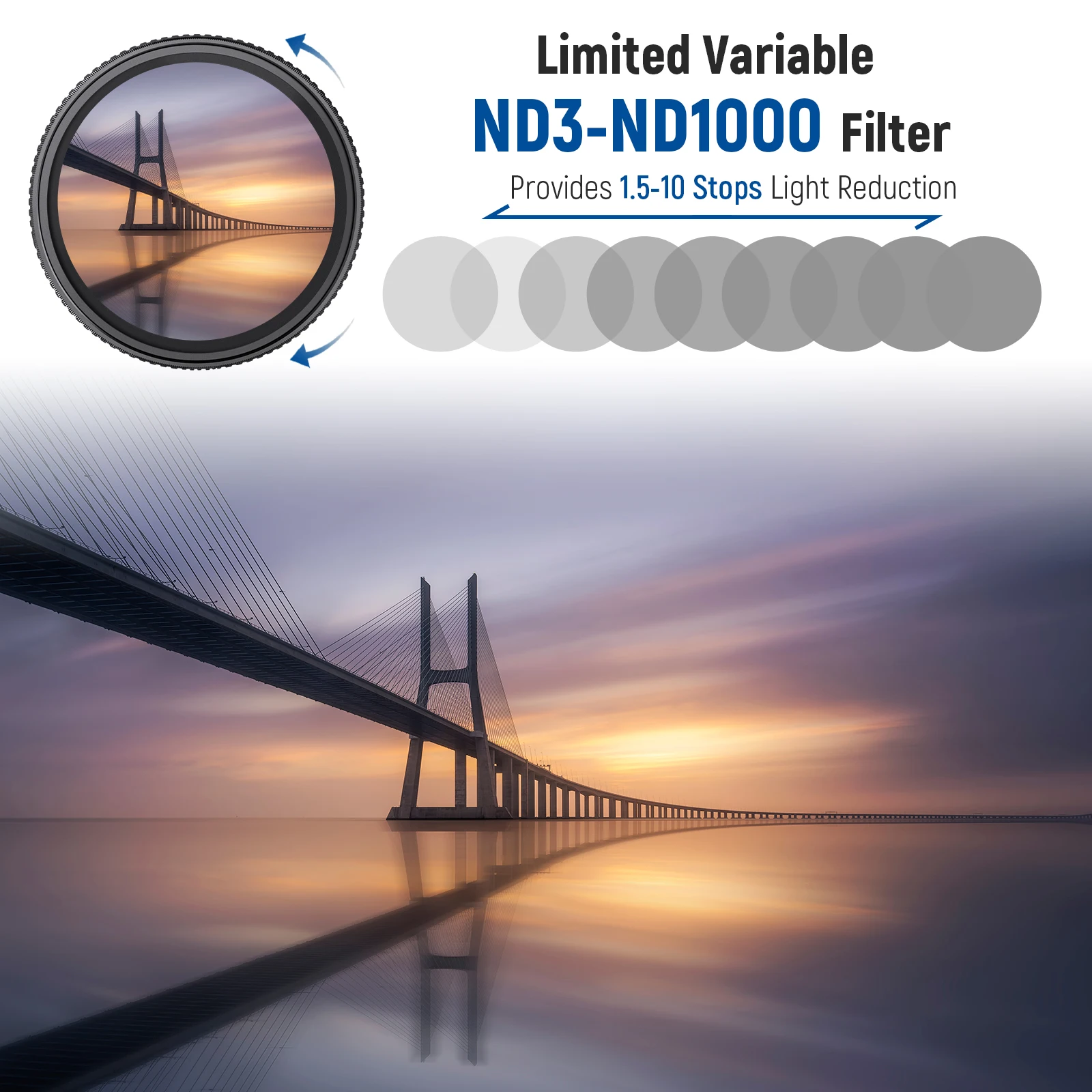 NEEWER Variable ND Filter ND3-ND1000, 1.5-10 Limited Stops Neutral Density Filter with Double Sided 30 Layer Nano Coatings