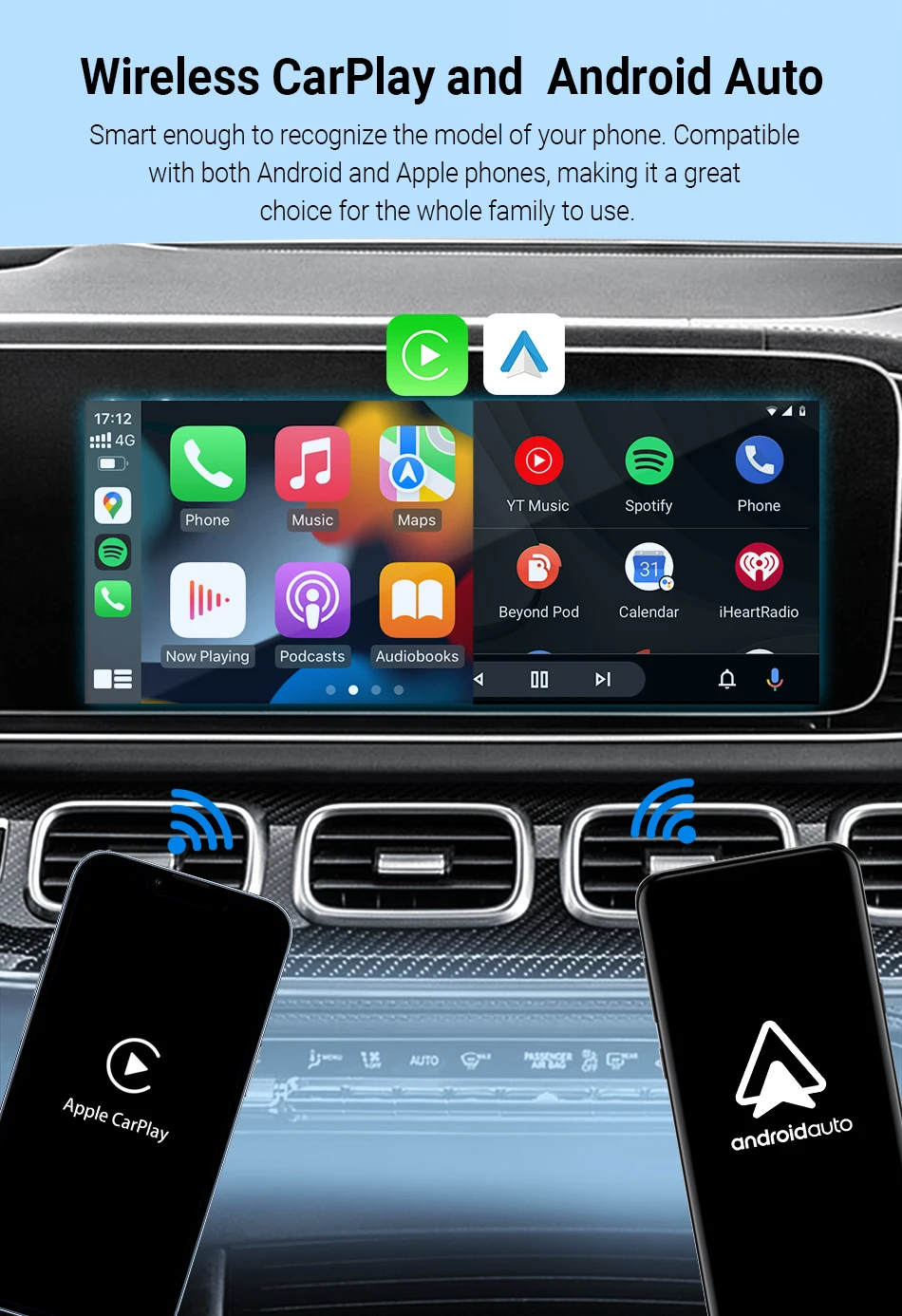 OTTOCAST 무선 카플레이, 안드로이드 오토 플레이, 비디오 앱 재생, 올인원 어댑터 내장, 자동차 동글 어댑터