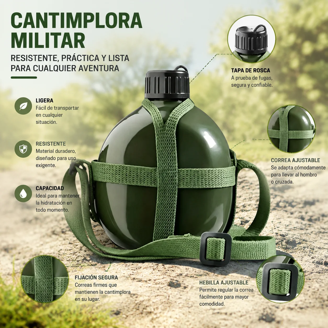 Bouteille militaire en aluminium, gourde militaire tactique de 2 L avec bandoulière réglable, bouteille hermétique résistante aux chocs sans BPA, idéale pour la randonnée, le camping et les aventures en plein air
