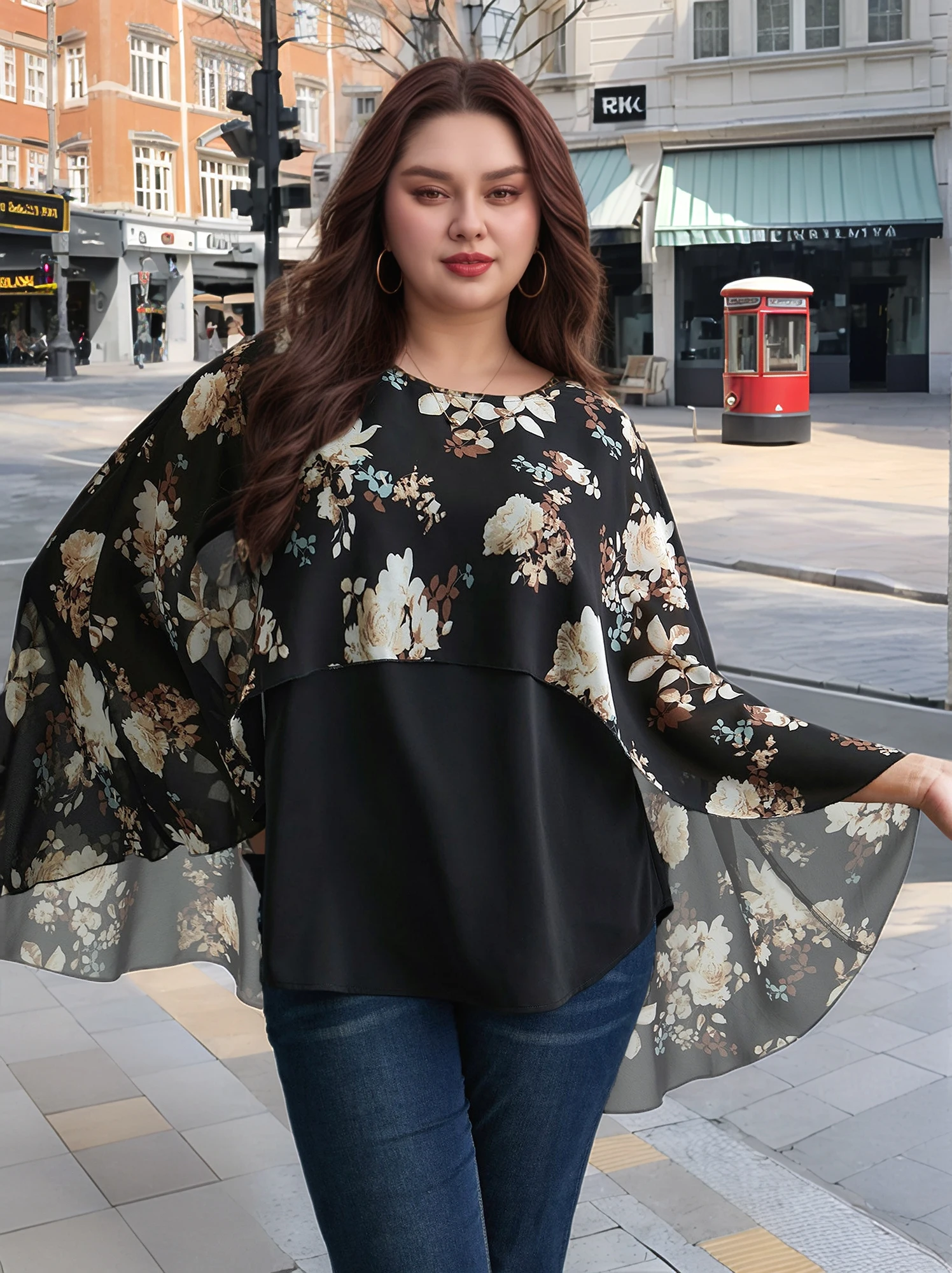 تي شيرت نسائي مطبوع بأكمام كيب بطبقات صلبة مقاس كبير، تي شيرت مطبوع برقبة دائرية متعددة الاستخدامات، مناسب للصيف غير الرسمي نحن