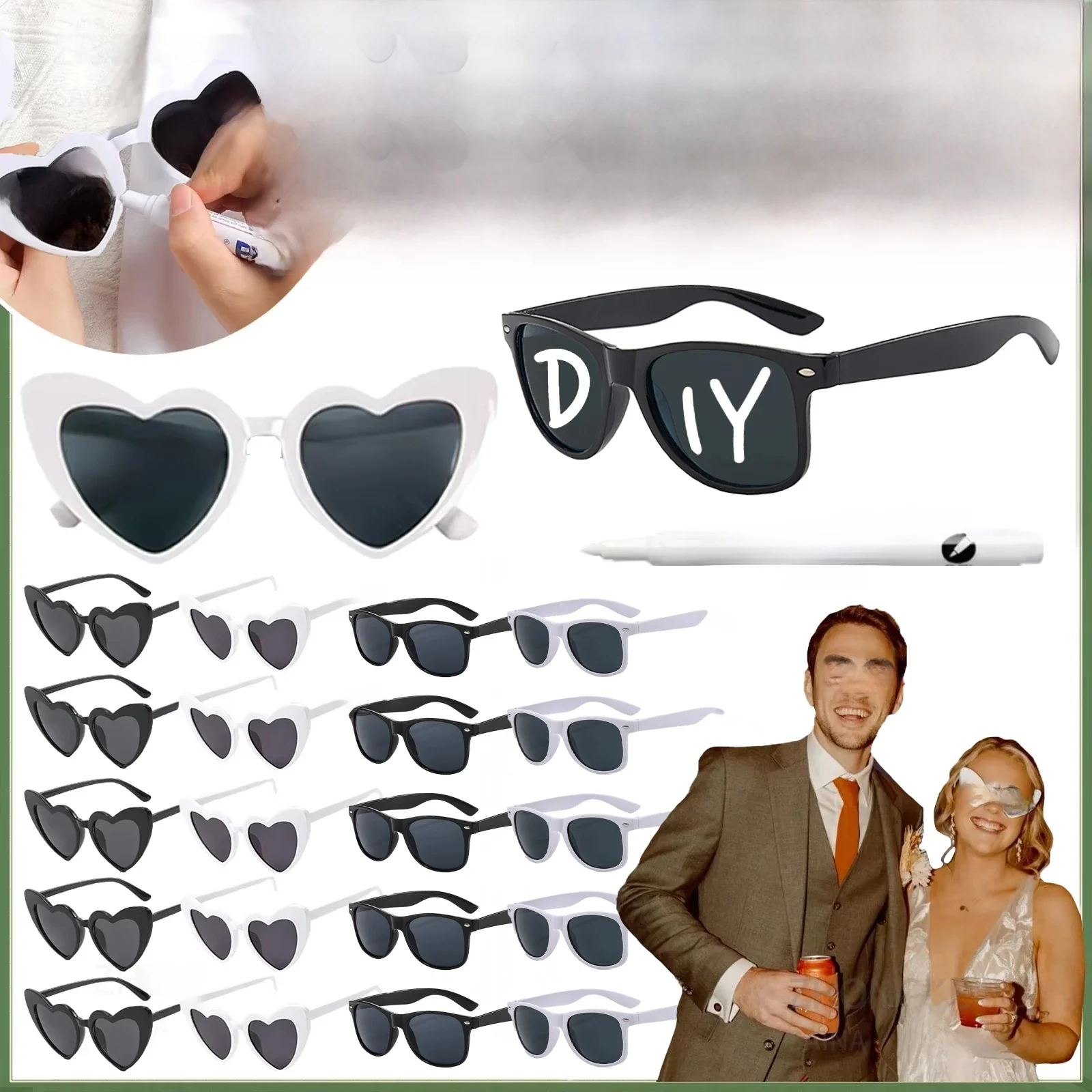 100-10 stuks DIY bruiloft zonnebril gepersonaliseerde hart zonnebril met pen vrijgezellenfeest bril bruidsmeisje cadeaus voor gasten - afbeelding 2