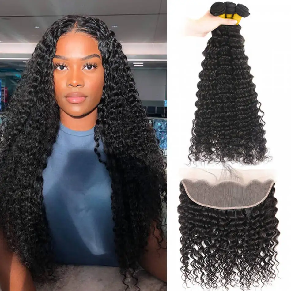 Deep Wave Bundles With Frontal 13x4 Free Part HD Lace Frontal With 3 Bundles 100% Unprocessed Virgin Human Hair Natural Color 1B